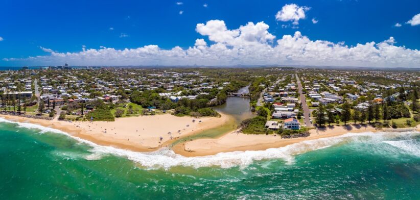 Aerial panoramic images of Dicky Beach, Caloundra, Queensland, Australia