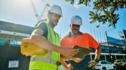 Two engineers wearing hardhats and high-visibility vests discuss building plans at a construction site in Australia.