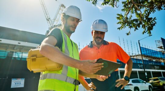 Two engineers wearing hardhats and high-visibility vests discuss building plans at a construction site in Australia.