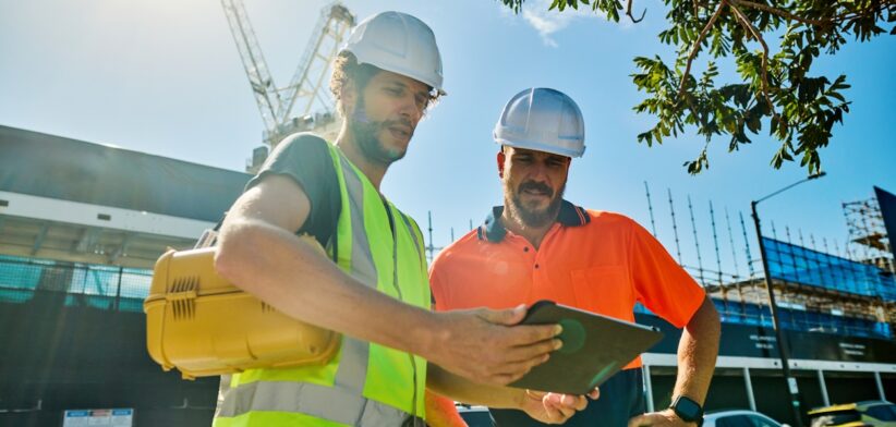 Two engineers wearing hardhats and high-visibility vests discuss building plans at a construction site in Australia.