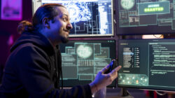 Smiling hacker pleased after launching phishing attacks tricking users