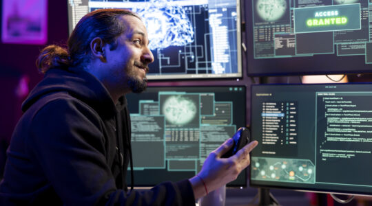 Smiling hacker pleased after launching phishing attacks tricking users