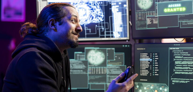 Smiling hacker pleased after launching phishing attacks tricking users